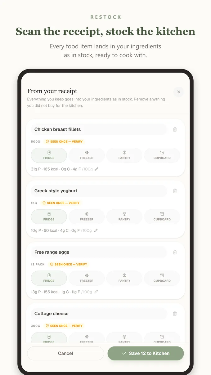 Scan a shopping receipt to stock your kitchen